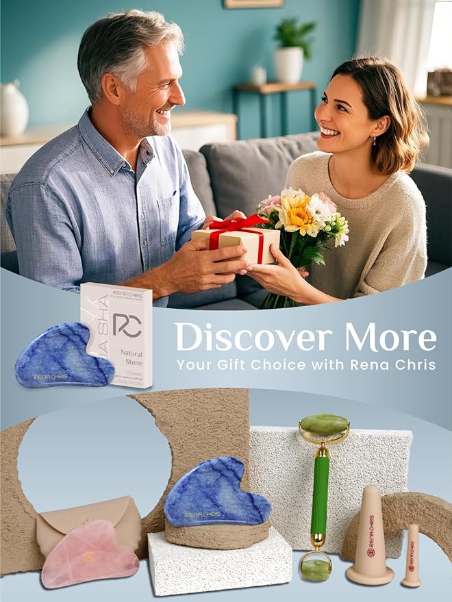 Rena Chris Gua Sha Facial Tools: Natural Blue Aventurine Guasha Tool for Face Acupuncture Therapy, Facial Massager for Jawline Sculpting and Puffiness Reducing (Blue)