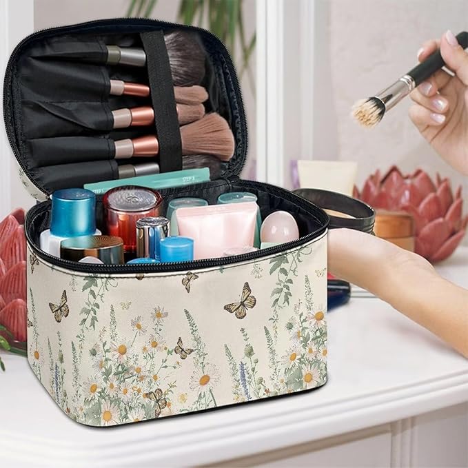 Butterfly Daisy Floral Print Travel Makeup Bags for Women Portable Tote Cosmetic Case with Carry Handle Toiletry Accessories Storage Organizer Bags