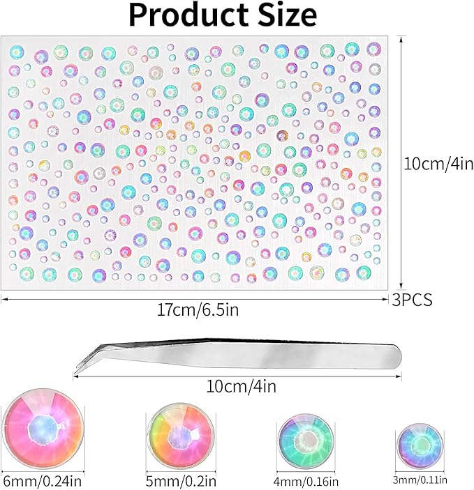 975PCS Gem Stickers Jewels for Crafts Face Gems 3/4/5/6MM Aurora Hair Nails Craft DIY Decor Makeup Stick on Body Crystal Clear Crystal Face Jewels for Women Face Gems Dtick On
