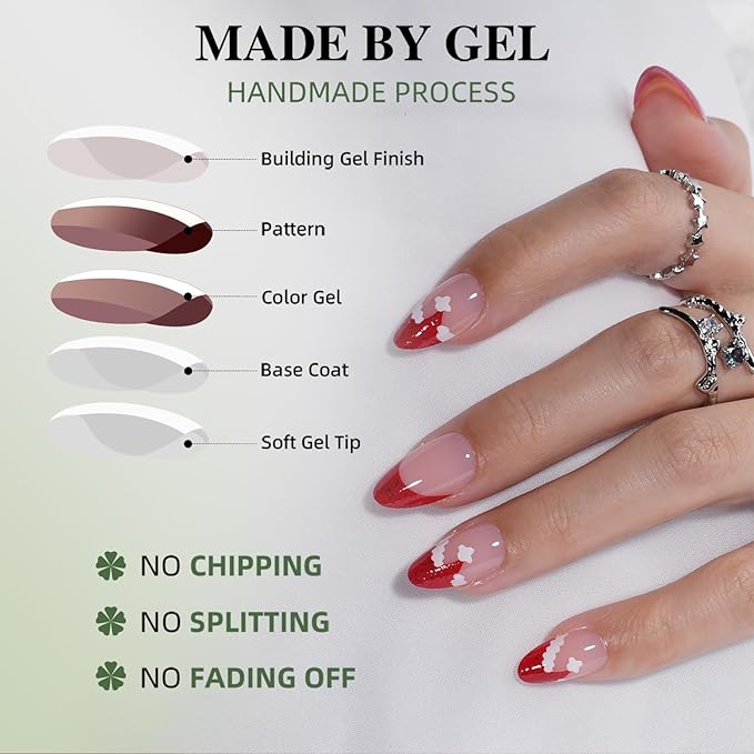 Christmas Press On Nails - Candycap Short Almond Fake Nails, Red French Tip Press On Nails Reusable Stick On Nails in 16 Sizes, 32pcs False Nail Kit for Women & Girls