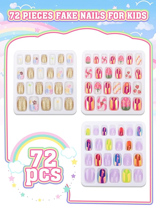 72 Pieces Press on Nails Girls, EBANKU Children Fake Artificial False Nail Tips Pre Glue Full Cover Gold Strawberry Press on Nails for Kids 7-12 Years