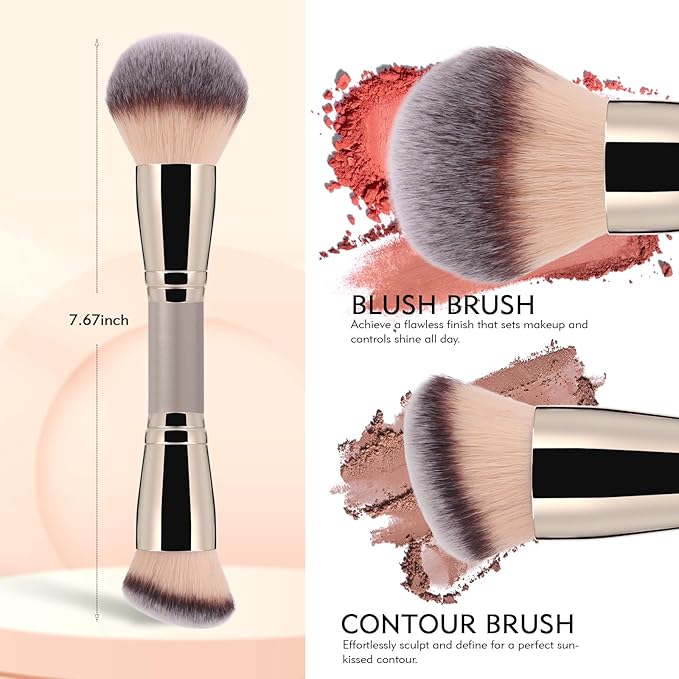 Dual-Ended Foundation Brush: Round & Angled Pro-Grade makeup brushes, 100% Vegan Synthetic Makeup Brush for Flawless Blending and Application of Liquid, Powder, Cream, Blush (Big Dual-Ended)