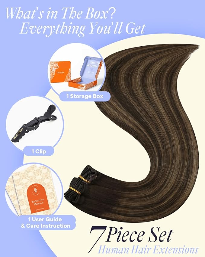 Full Shine Clip in Hair Extensions Balayage 135 G Thick Hair Extensions Clip ins Straight Dark Brown to Light Brown Remy Hair for Volume 18 Inch 7 Pcs