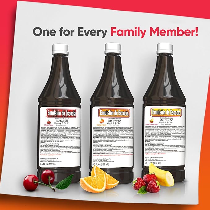 Emulsion de Escocia Cod Liver Oil Liquid for Kids – Cherry, Orange & Strawberry Banana – Omega 3, Vitamins A, D, E & B1 – Dietary Supplement – 6.5 Fl Oz | 3-Pack