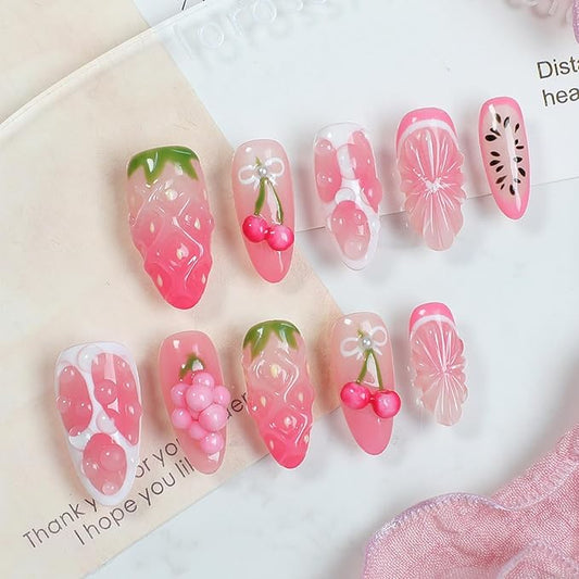24Pcs Summer Fruit Press on Nails Almond Long Fake Nails with 3D Cherry Strawberry Designs Glossy Pink False Nails Summer Glue on Nails Full Cover Acrylic Stick on Nails for Women Girls DIY Decoration