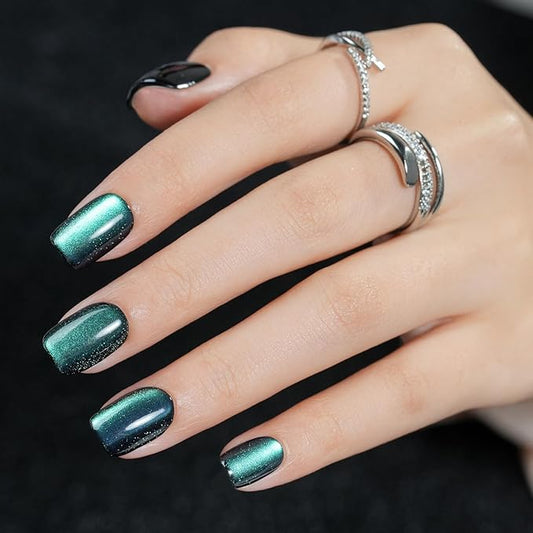 Cat Eye Press on Nails Short, Jofay Fashion Soft Gel Fake Nails, Lake Blue Square Press on Nails, Reusable & Natural Acrylic False Nails, Stick on Nails for Women Gift, Glue on Nails Kit 32 Pcs