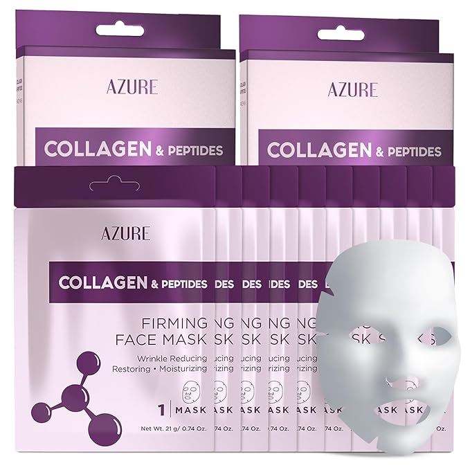 Azure Cosmetics Collagen & Peptides Lifting Facial Sheet - Restoring, Smoothing & Moisturizing Face Mask - Helps Reduce Fine Lines & Wrinkles, Smooths & Repairs - Skin Care Made in Korea - Pack of 5