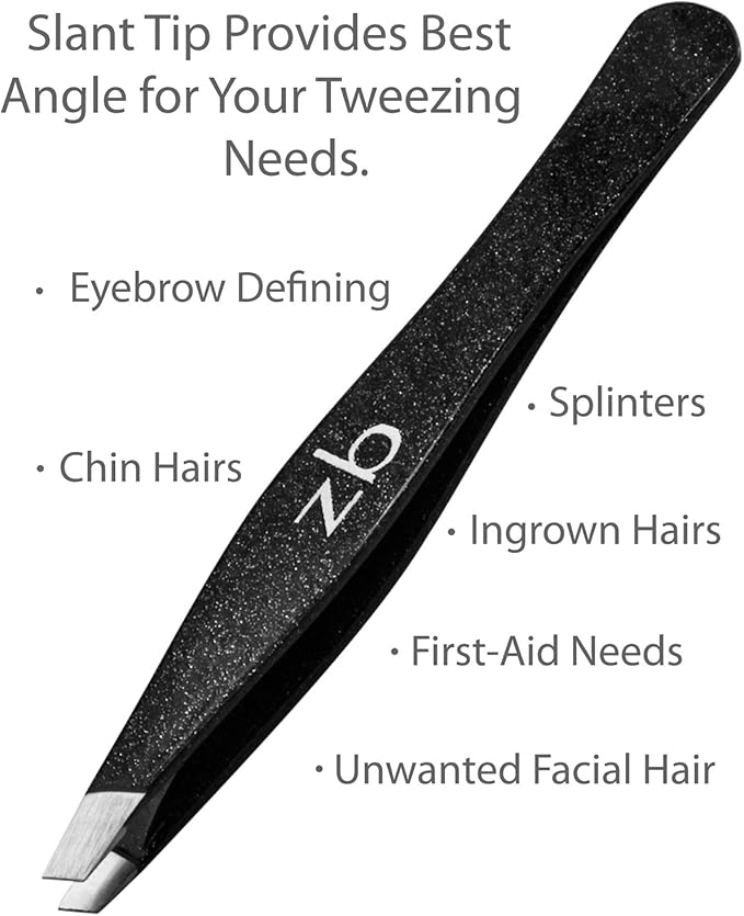 Tweezers – Surgical Grade Stainless Steel - Slant Tip for Expert Eyebrow Shaping and Facial Hair Removal – with Protective Pouch - Best Tweezer for Men and Women (Black)