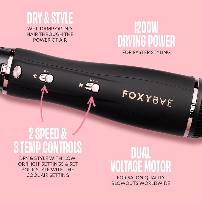 Foxybae Super Styler – 4-in-1 Blow Dryer Brush Set - Diffuser, Blowout Brush, 1.25” Curling Barrel & Drying Cylinder - Voluminous, Frizz-free Hair - Blow Dryer, Straightener & Curler [Black Rose-Gold]