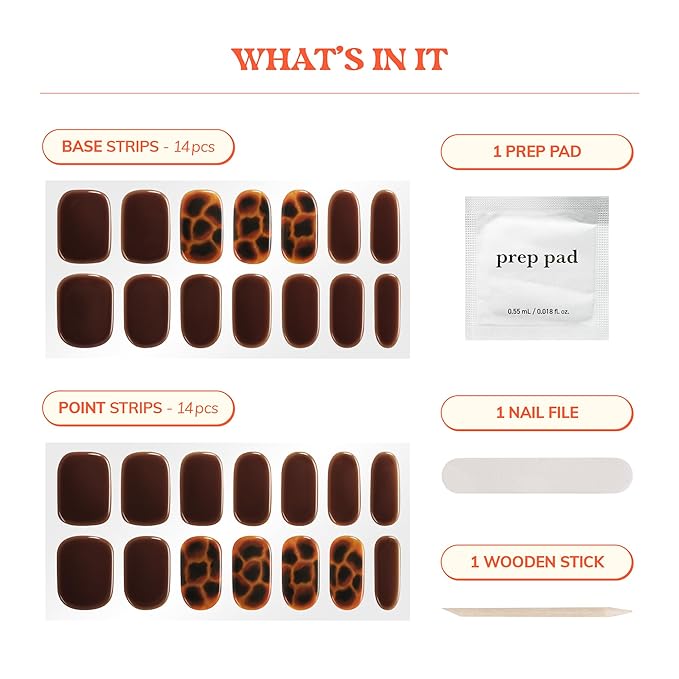 Heyhae Semi Cured Gel Nail Strips | No LED Lamp Needed | Fall, Marble, Brown | Easy Apply & Remove, Salon Quality | Includes 28 Strips, 1 Prep Pads, Nail File & Wooden stick - Hey, Shell Yeah