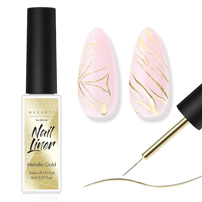 Makartt Metallic Gold Gel Liner Nail Polish: 3D Mirror Chrome Effect with Built in Thin Brush Soak Off UV/LED Gel for DIY Manicure Home and Salon Nail Art Designs 8ml
