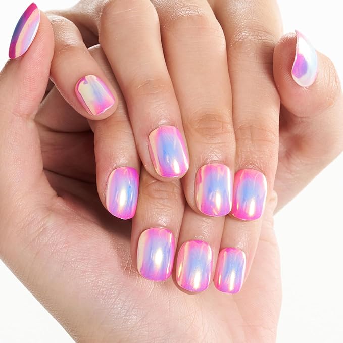 GLAMERMAID Extra Short Press on Nails 24PCS, Pink Blue Aurora Chrome Fall Gel Glue on Nails, Glossy Round Reusable UV Finish Fake Nails Acrylic False Nails Manicure Kits for Women