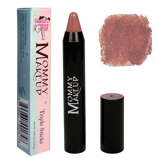 Mommy Makeup Triple Sticks Lipstick, Cream Blush & Teatment All-In-One with Shea & Cocoa Butter - Soft & Creamy Moisturizing Lip Crayon For Lips & Cheeks (Bare Babe)