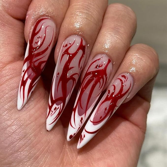 IMRAIN French Tips Press on Nails Long Stiletto Fake Nails Glossy Full Cover Acrylic Red Totem Artificial False Nails Gel Halloween Stick on Nails for Women 24Pcs