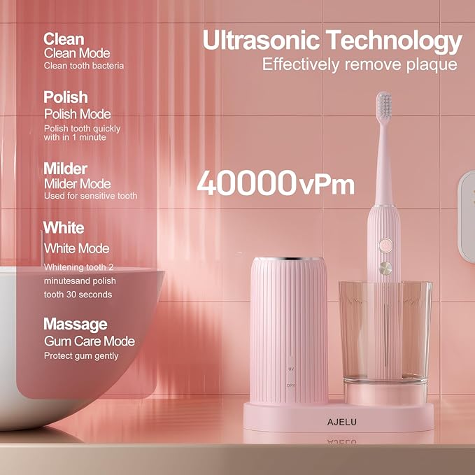 Electric Toothbrush Set for Women with UV Light Drying Holder, 8 Brush Heads, Smart Timer, USB Rechargeable – Soft Pink Edition