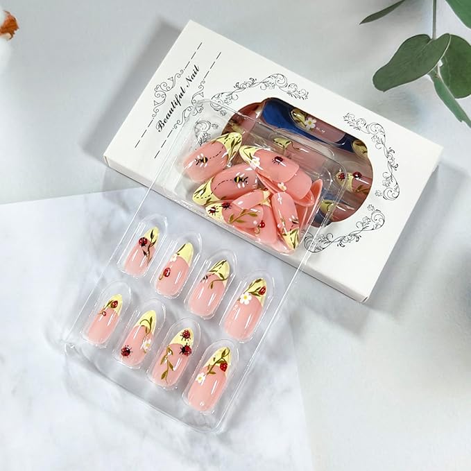 French Tip Press on Nails Medium Almond Fake Nails with 3D Ladybug Designs Cute Flower Leaf Acrylic False Nails Summer Glue on Nail Reusable Full Cover Stick on Nail for Women 24Pcs