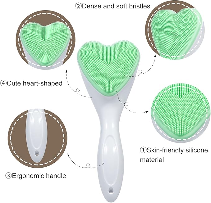 Silicone Face Scrubber Exfoliating Brush 2 Pack, Manual Handheld Facial Cleansing Brush Blackhead Scrubber, Soft Bristles Waterproof for Face Skincare (Black Green,Heart)