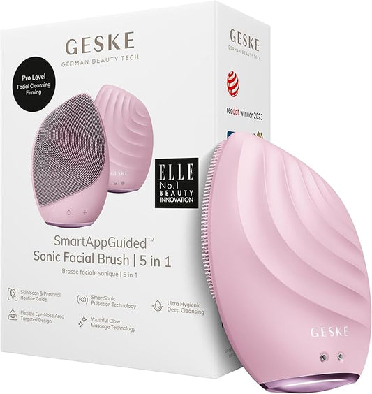 GESKE SmartAppGuided™ Sonic Facial Brush 5 in 1 | Vibrating Electric Facial Cleansing Brush | Soft Silicone Brush | Professional Facial Cleanser | Skin Cleanser & Exfoliator | Face Massager