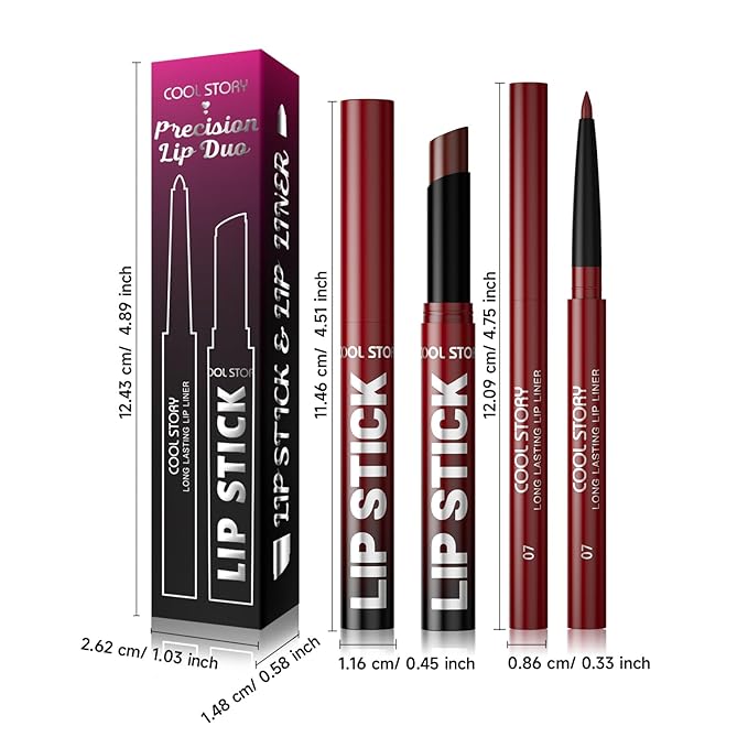 COOL STORY 2 Piece Lip Liner and Lipstick Set, Long Lasting Formula, Professional Makeup Kit (07)