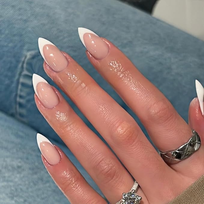 30 PCS White French Tip Press On Nails Short Almond,Medium Fake Nails French Nails Press ons,Oval Acrylic Nails Glue on Nails Medium,Natural Short Almond Nails False Nails for Women in 15 Sizes