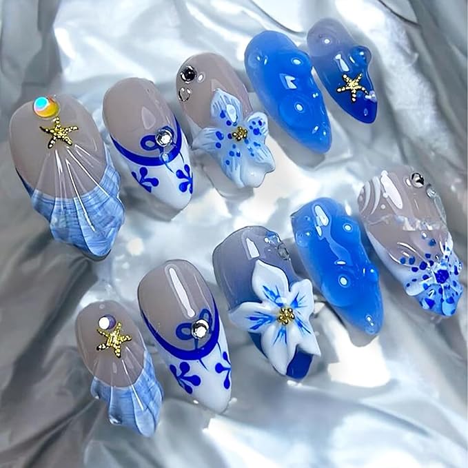 30pcs Blue Flower Press on Nails Medium Almond Fake Nails with Shell Floral Pearl Designs French Tip False Nails Kit Summer Beach Acrylic Nail Tips Full Cover Glue on Nails for Women