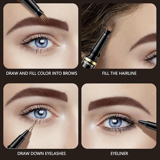 Waterproof Eyebrow Pencil with 4 Tip Microblading Pen and Dual-ended Brush, for Natural-Looking Brows, Long-Lasting, Black Brown