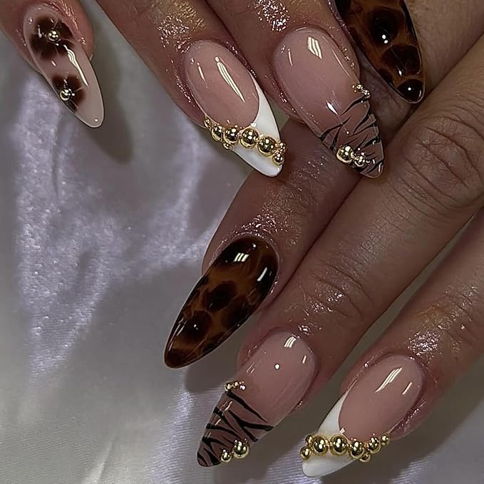 Long Almond Press on Nails Gold White Fake Nails Nude Leopard Print Stick on Nail for Women 24pcs