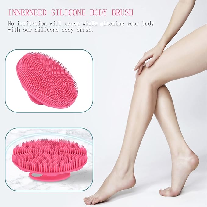INNERNEED Food-Grade Soft Silicone Body Scrubber Shower Brush Handheld Cleansing Skin Brush, Gentle Exfoliating and Lather Well (Pink)