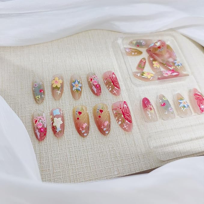 Handmade Press on Nails Almond Medium 3D Flower Fake Nails Colorful Floral Nail Art Butterfly Acrylic Nails Spring Summer Glue on Nails Full Cover False Nails for Women Manicure Accessories, 30Pcs