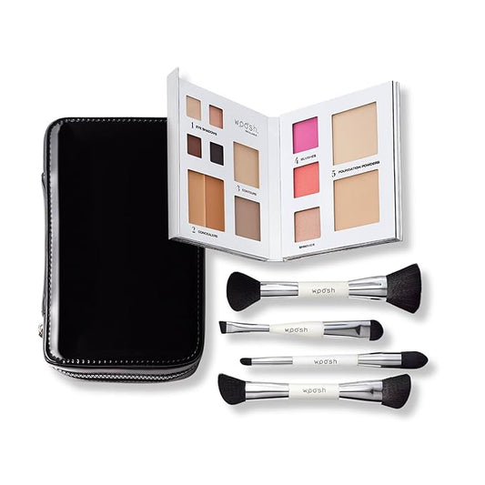 Woosh Beauty, Jetsetter Bundle in #2.5 Medium Tan, Fold out Face Original, Essential Brush Set, Travel Case in Black