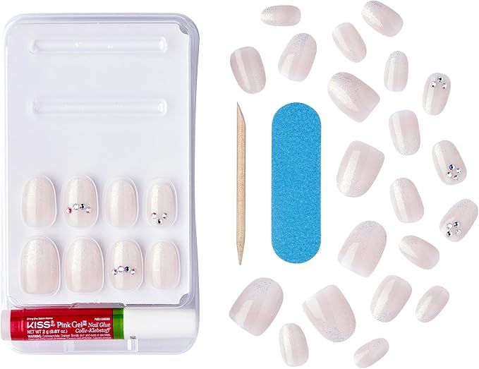 KISS Classy, Press-On Nails, Nail glue included, 'On Stage', Off white, Short Size, Oval Shape, Includes 30 Nails, 2g Glue, 1 Manicure Stick, 1 Mini file
