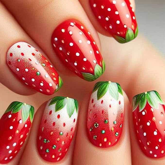 24Pcs Strawberry Press on Nails Glossy Red Medium Coffin False Nail Fruit Acrylic Full Cover Fake Nails Green Leaves Gel Glue on Fingernails French Tips Stick on Nail for Holiday Manicure Art