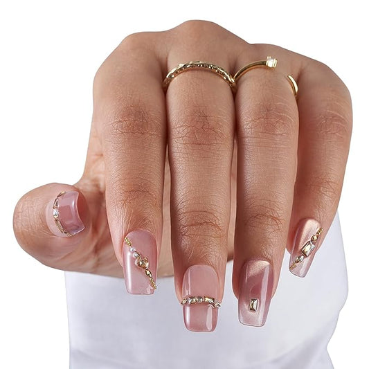 Medium-Champagne Glam Fake Nails Press-On Manicure Kit for Women | French Tip 10 Nails | Nail Glue, Dual Nail File, Cuticle Stick, Buffer Block | Measure Before Ordering