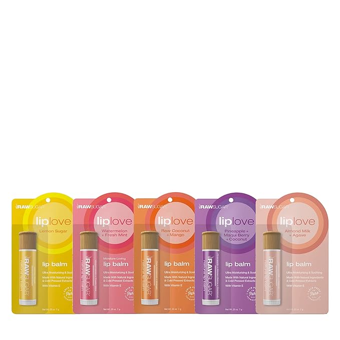 Raw Sugar Lip Love Bundle - Lip Balm made with Safflower Seed Oil, Beeswax, Shea Butter & Coconut Oil to Restore Dry, Chapped Lips, Clean Ingredients (Pack of 5)