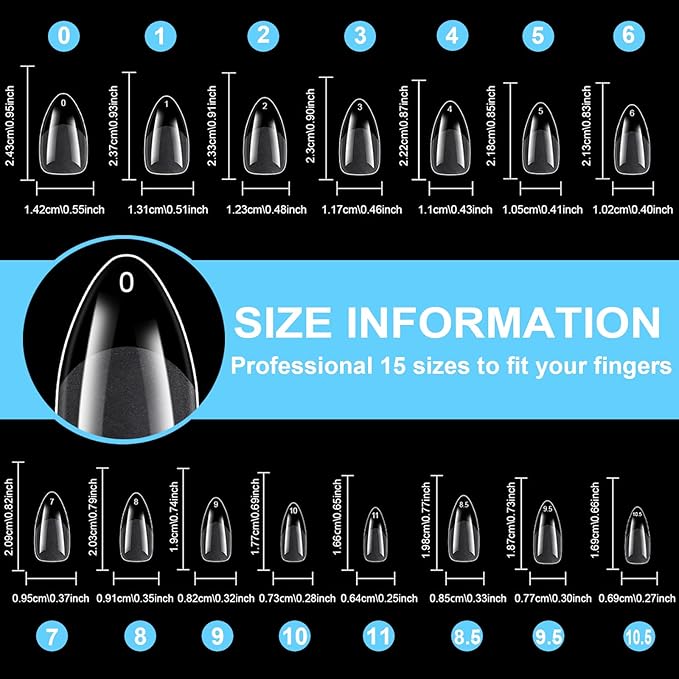 BlueZOO Gel Almond & Squoval Nail Tips 600Pcs - Medium 2 Shapes Acrylic Fake Nails Pre-etching Tapered Square and Almond Press On False Nail for Extension Manicure Home DIY Salon Supplies, 15 Sizes