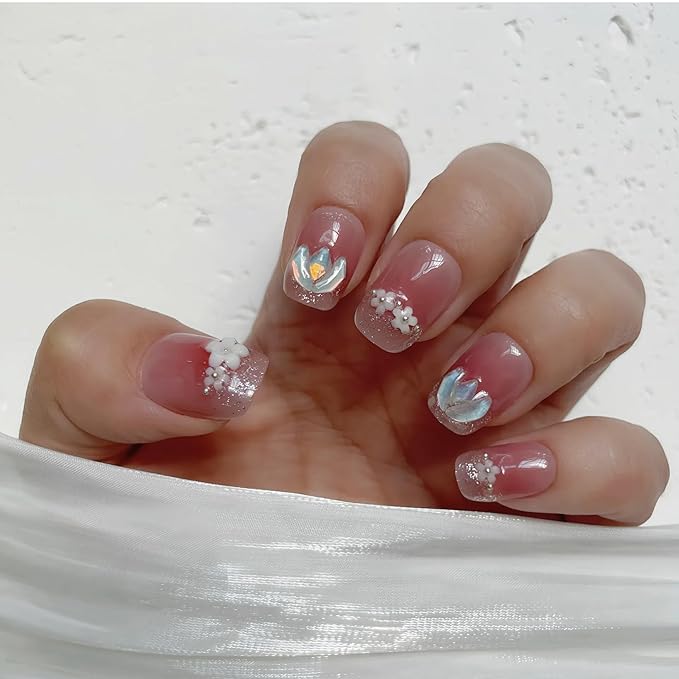 Tomato Red Short Squoval Press on Nails 30pcs with 3D Floral Design, Soft Fit Back, Durable Front Edge, Reusable Full Cover Fake Nails for Daily, Party, Wedding