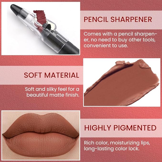 Nude Brown Crayon Matte Lipstick Lip Liner Pencil, Moisture Smooth Lipstick Pencil, With pencil sharpener Sharpenable Lip Pencil, Ultimate Lip Crayon for Women Smudgeproof Waterproof 11#