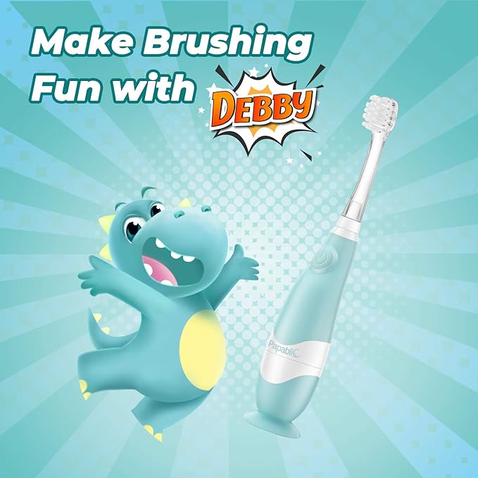 Papablic Toddler Sonic Electric Kids Toothbrush for Ages 1-3 Years, Baby Electric Toothbrush with Cute Dino Cover and Smart LED Timer, 2 Brush Heads (Debby)