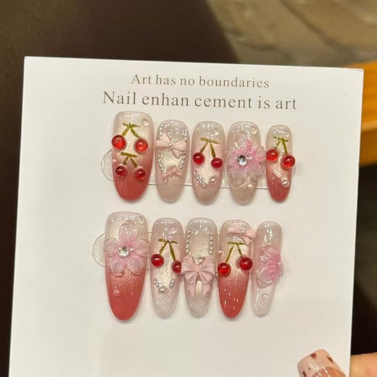 Handmade luxury Press on Nails Almond Medium Fake Nails French Tip with 3D Flower cherry Designs Pink Bow Glitter Cute Acrylic Nails for Women 10pcs (Size M）