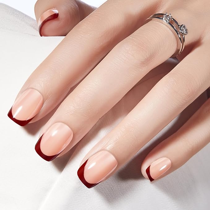 Modelones Press on Nails, Red Chrome French Short Square Fake Nails, Deep Pink Reusable Nail Kit with Nail Glue Adhesive Tabs Mini Nail File, Nails Press Ons 32Pcs16 Sizes, Christmas