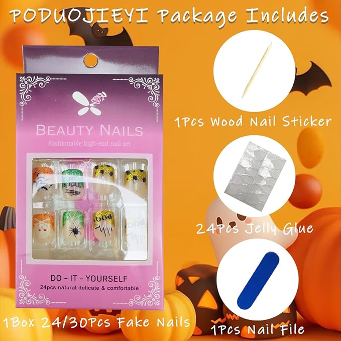 24Pcs Halloween Press on Nails Short Square Fake Nails with Skull Bat BOO Design Orange Green Glitter French Tip False Nail Glossy Spider Web Acrylic Nail Halloween Full Cover Glue on Nails for Women