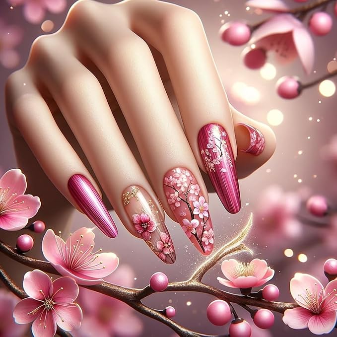 Flower Press on Nails Almond Medium Pink Floral Pattern Design Rose Red Acrylic False Nail Full Cover Glossy Blossom Artificial Fingernails DIY Reusable Press Ons Stick on Nails for Women