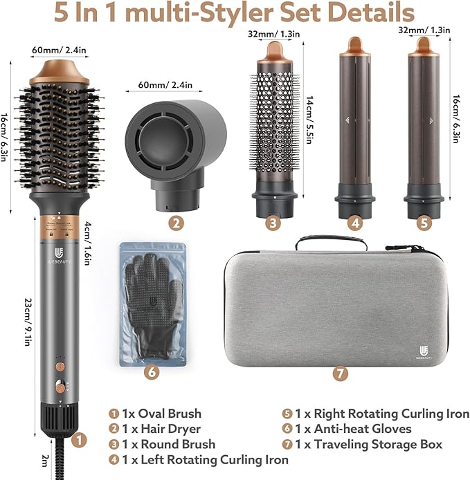 Hair Dryer Brush, webeauty 5 in 1 Professional Hot Air Styling, High-Speed Negative Ionic Hair Dryer Fast Drying, Multi Hair Styler with Air Curling Iron, Volumizing, with Carrying Case (Grey Gold)