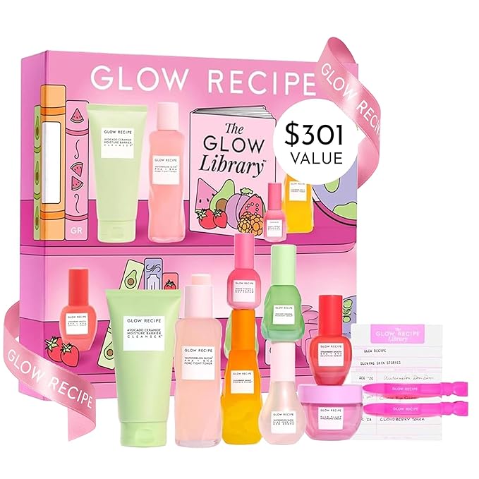 Glow Recipe Library Skincare Gift Set - Avocado Face Wash + Face Serum + Facial Toner + Guava Eye Cream + Hyaluronic Acid Moisturizer + Dew Drops + Strawberry Smooth Serum + 2 Hair Clips (10 Count)