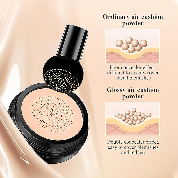 Air Cushion CC Cream Foundation - Mushroom Head BB Cream Concealer Makeup Base Moisturizing & Long-Lasting for All Skin Types and Even Color Correcting (Nude)