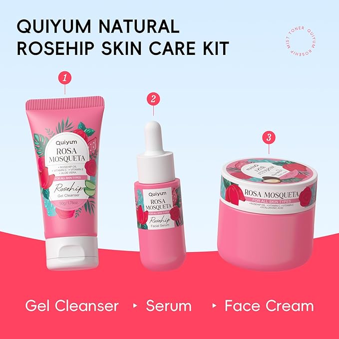 Rosehip Skin Care Set, Beauty Skincare Gift Sets, Natural Facial Skin Care Products, Korean Style Skincare for Women, Nourishing, Hydration, Glow Up, 3PCS