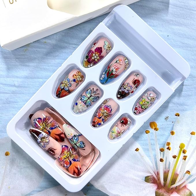 CJDLTSFlower 3D Press on Nails Medium Length Coloful Floral Butterfly Pattern Design Rhinestones Acrylic False Nails French Tip Artificial Stick on Nail 24Pcs Press Ons Blossom Glue on Nails