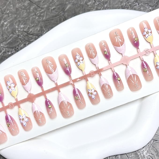 30Pcs Purple Flower Press on Nails Medium Almond Fake Nails with 3D Gold Shell Pearl Design Pink French Tip Acrylic False Nails Water Drop Ombre Summer Full Cover Stick on Nails for Women