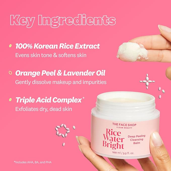 The Face Shop Rice Water Bright Cleansing Balm, Removes Makeup & SPF, 4-in-1 Makeup Remover, for All Skin Types, Korean Rice Extract, Lavender Oil, 100ml / 3.3 fl. oz.