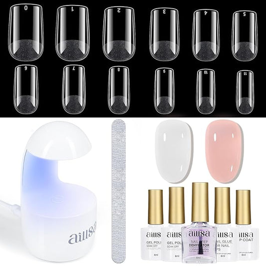 AILLSA Gel Nail Kit Short Square Nail Tips 240pcs with 2 In 1 Nail Glue Base Coat and Nail Dehydrator, Gel Manicure Full Nail Kit with Nail Lamp Top Coat for Starters Home Salon